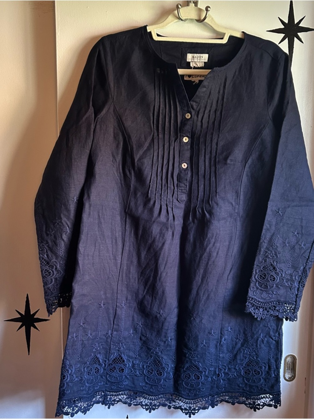 Embroidered Linen Navy Dress with Embroidered Trim